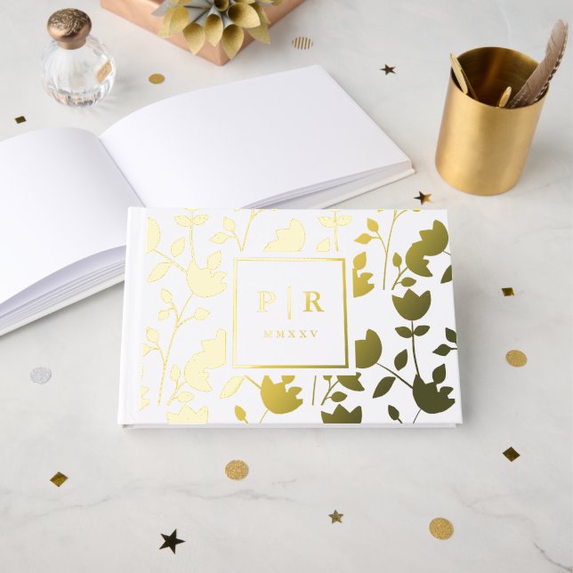 Chic Botanical Floral Print Monogram Wedding Foil Guest Book (Front Open)