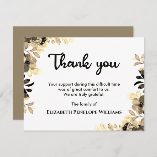 Chic Botanical Floral Watercolor Memorial Funeral Thank You Card