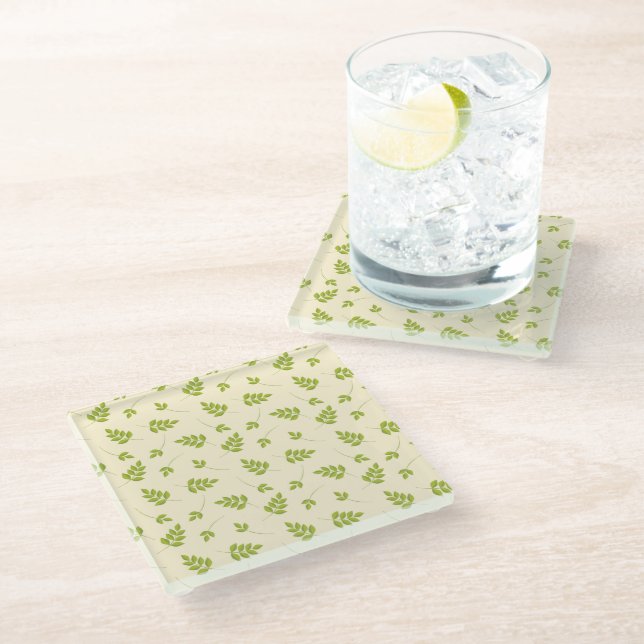 Chic Botanical Green Branches Leaves Seamless  Glass Coaster (Angled)