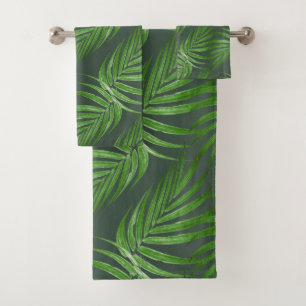 Chic Botanical Green Palm Leaves on Forest Green Bath Towel Set