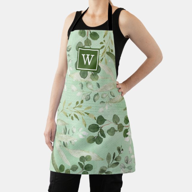 Chic Botanical Greenery Garden Leaves Monogram Apron (Insitu)