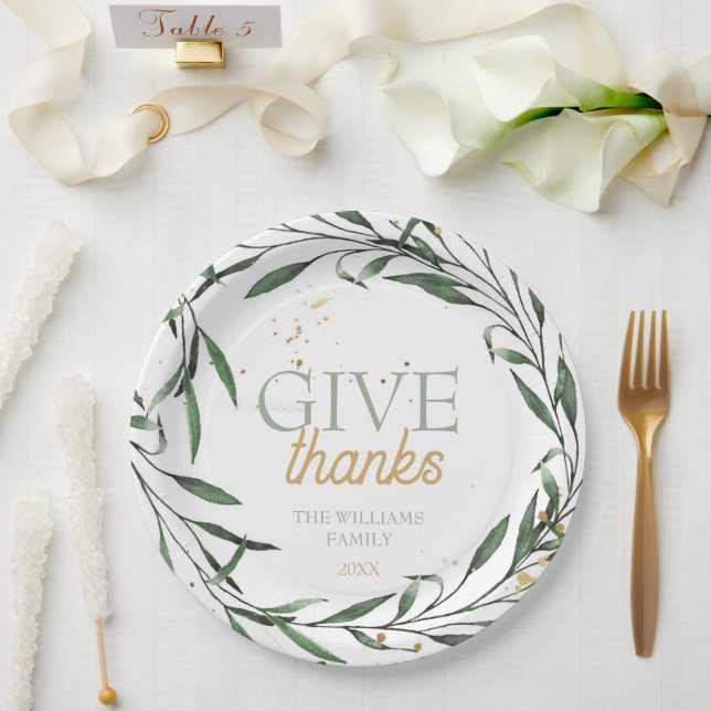 Chic Botanical Greenery Give Thanks Thanksgiving Paper Plates (Wedding)