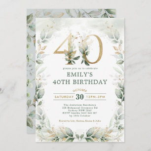 Chic Botanical Greenery Gold Garden 40th Birthday Invitation