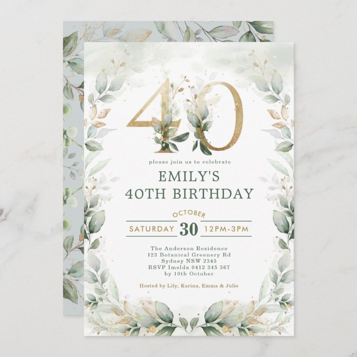 Chic Botanical Greenery Gold Garden 40th Birthday Invitation | Zazzle