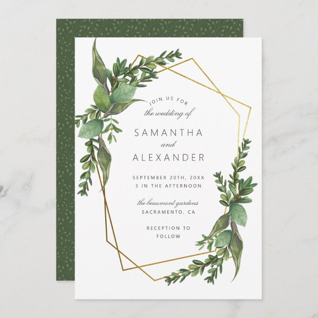 Chic Botanical Greenery & Gold Geometric Wedding Invitation (Front/Back)