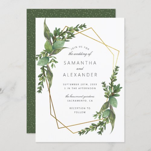 Chic Botanical Greenery & Gold Geometric Wedding Invitation - Chic summer wedding invitation featuring watercolor botanical greenery and faux gold geometric frame with a stylish and modern typography displaying your details. This invitation reverses to a dark green background with a delicate botanical pattern.