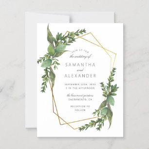 Chic Botanical Greenery & Gold Geometric Wedding Magnetic Invitation