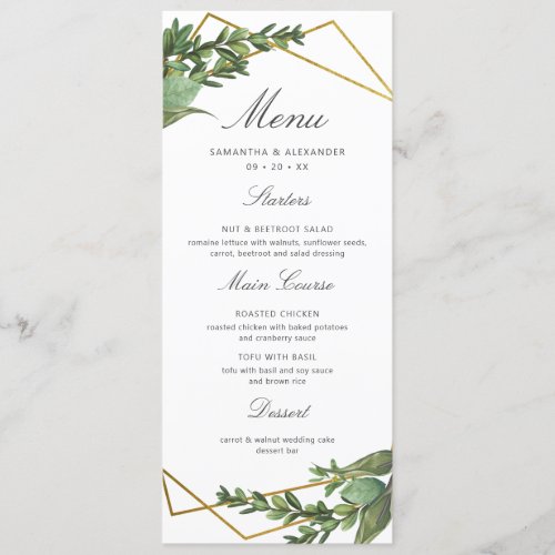 Chic Botanical Greenery & Gold Geometric Wedding Menu - This menu card is the perfect addition to your wedding essentials! This design features watercolor botanical greenery and faux gold foil geometric frame with a stylish and modern typography displaying "Menu" and food options. This card reverses to a dark green background with a delicate botanical pattern.