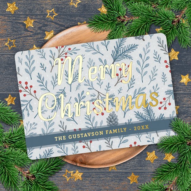 Chic Botanical Holly Berry Floral Pattern Gold Foil Holiday Card (Creator Uploaded)