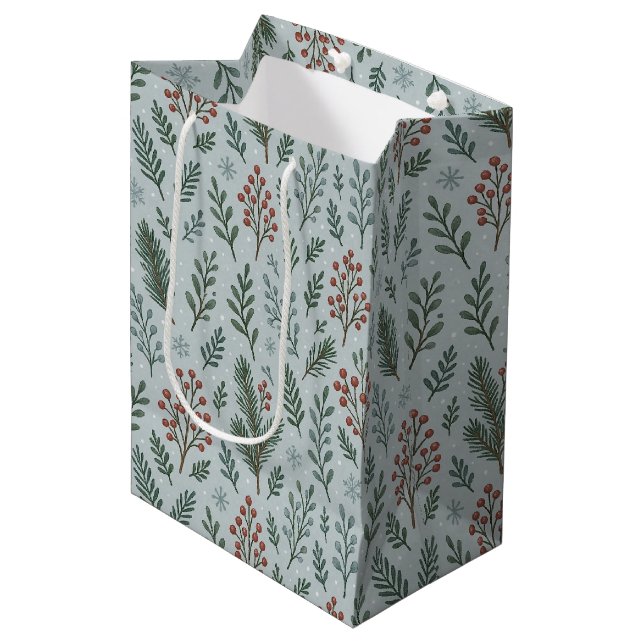 Chic Botanical Holly Berry Floral Pattern Medium Gift Bag (Front Angled)