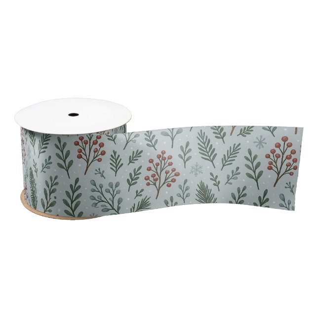 Chic Botanical Holly Berry Floral Pattern Satin Ribbon (Spool)