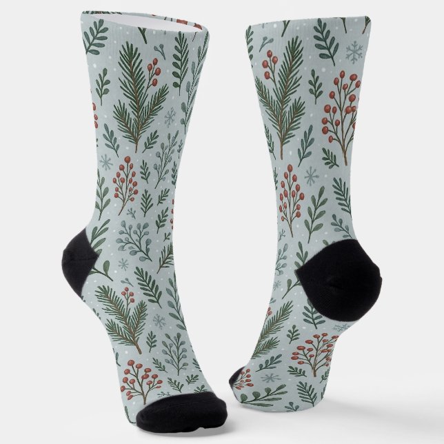 Chic Botanical Holly Berry Floral Pattern Socks (Angled)