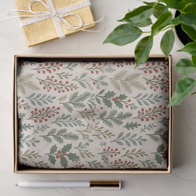 Chic Botanical Holly Berry Floral Pattern Tissue Paper (Gift)