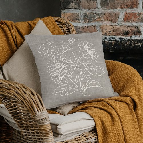 Chic Botanical Ivory Sunflowers Art On Beige Brown Throw Pillow