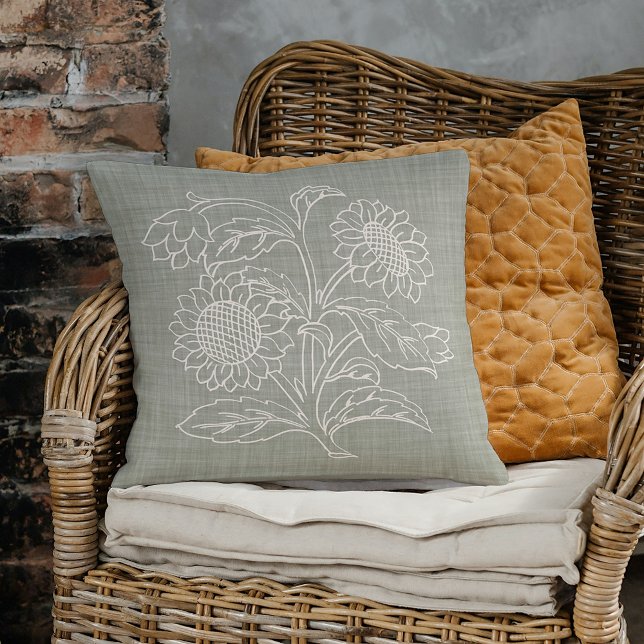 Chic Botanical Ivory Sunflowers Art On Sage Green Throw Pillow (Creator Uploaded)