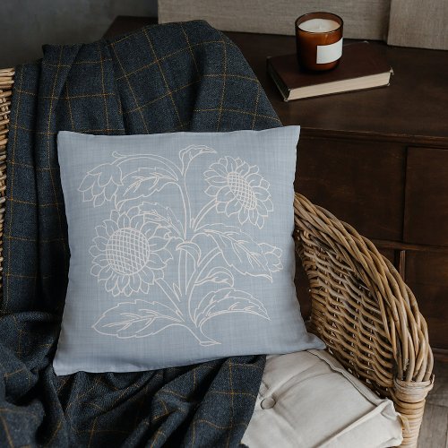 Chic Botanical Ivory Sunflowers On Gray Blue Throw Pillow