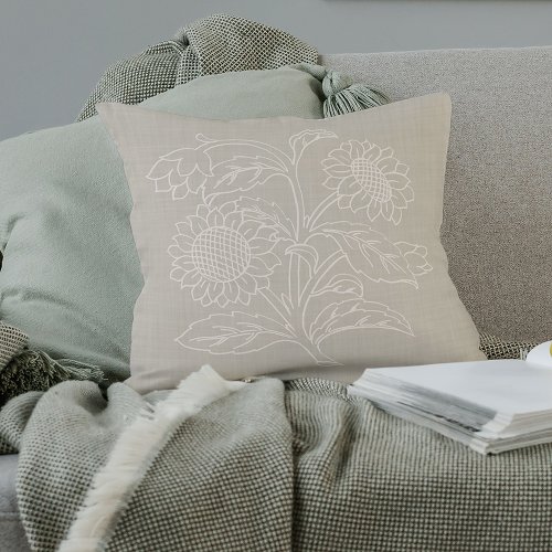 Chic Botanical Ivory Sunflowers On Oatmeal Beige Throw Pillow
