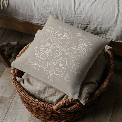 Chic Botanical Ivory Sunflowers On Sand Brown Throw Pillow