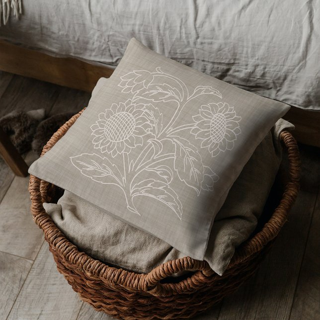 Chic Botanical Ivory Sunflowers On Sand Brown Throw Pillow (Creator Uploaded)