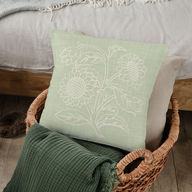 Chic Botanical Ivory Sunflowers On Spring Green Throw Pillow (Creator Uploaded)