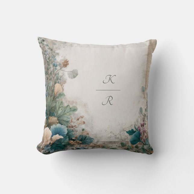 Chic Botanical Jewel Tone Distressed Texture Throw Pillow (Front)