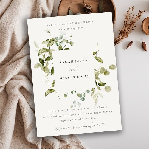 Chic Botanical Leafy Foliage Watercolor Engagement Invitation