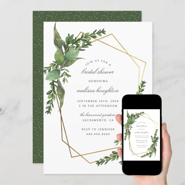 Chic Botanical Leaves Gold Geometric Bridal Shower Invitation Zazzle 7917