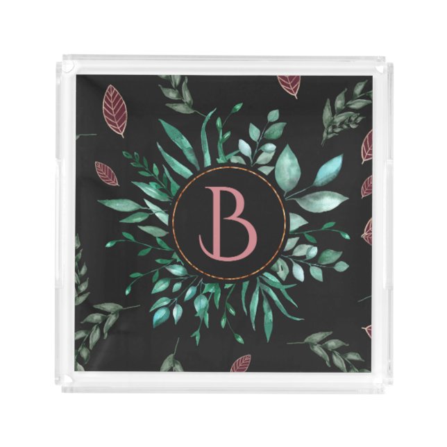 Chic Botanical Monogram Green, Wine Red & Black  Acrylic Tray (Front)