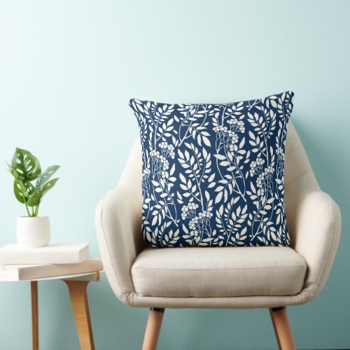 Chic Botanical Navy Blue Foliage Pattern Throw Pillow