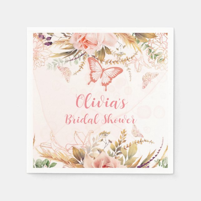 Chic Botanical Peony Butterfly Bridal Shower Napkins (Front)