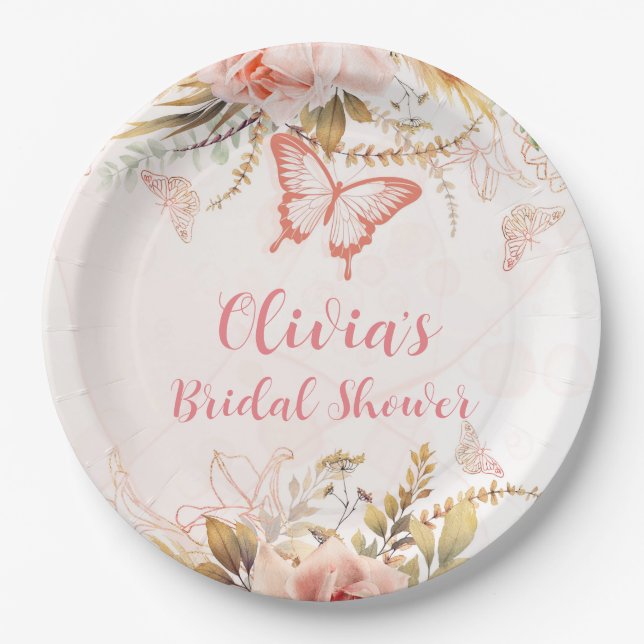 Chic Botanical Peony Butterfly Bridal Shower Paper Plates (Front)