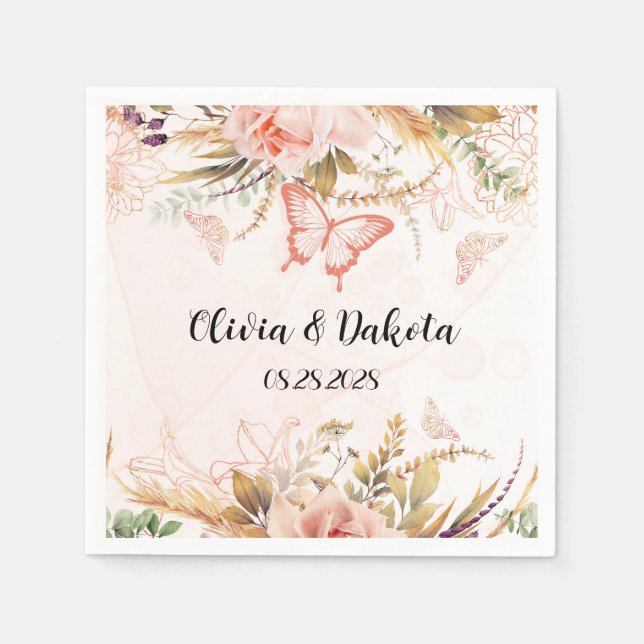Chic Botanical Peony Butterfly Wedding Napkins (Front)