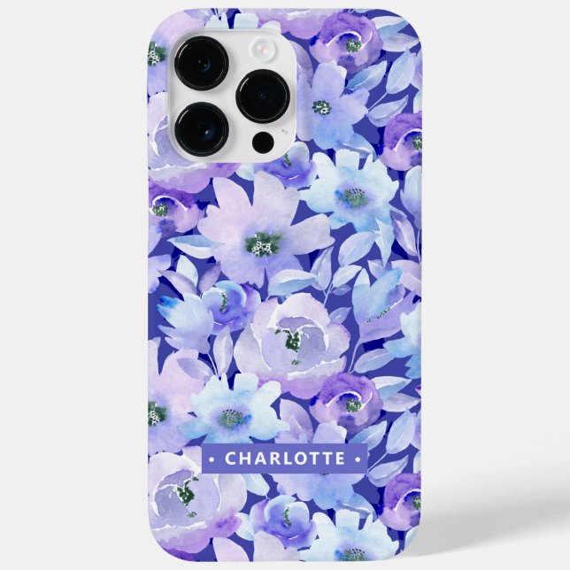 Chic Botanical Purple Blue Watercolor Floral Name Case-Mate iPhone Case (Back)