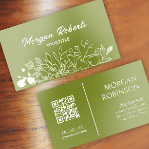Chic botanical qr code green Silver Foil Spot Gloss Business Cards