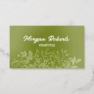 Chic botanical qr code green Silver  Foil Spot Gloss Business Cards