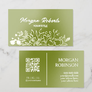 Chic botanical qr code green Silver Foil Spot Gloss Business Cards