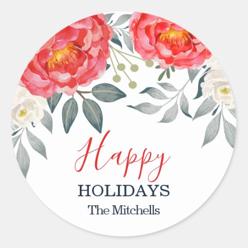 Chic Botanical Red Ivory Floral Christmas Holiday Classic Round Sticker