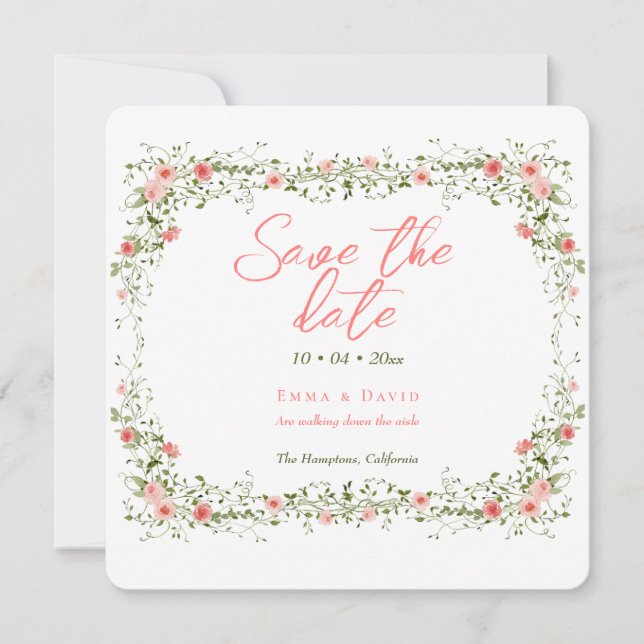 Chic Botanical Roses Elegant Script Wedding Save The Date (Front)