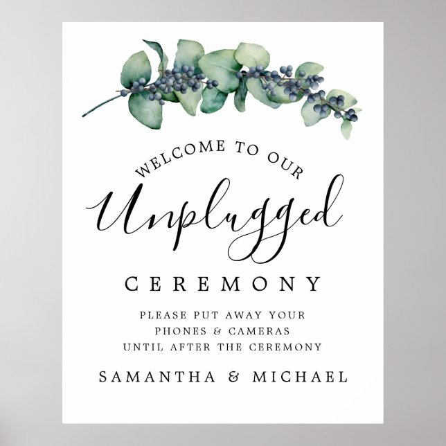 Chic Botanical Unplugged Wedding Ceremony Sign (Front)