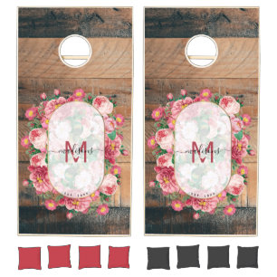 Chic Botanical Vintage Wreath Monogram Wood Cornhole Set