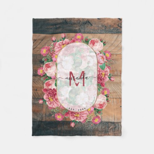 Chic Botanical Vintage Wreath Monogram Wood Fleece Blanket