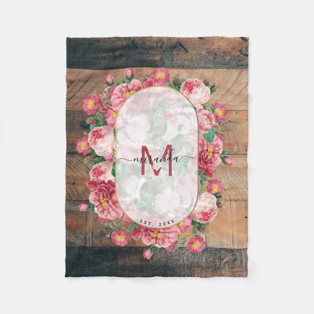 Chic Botanical Vintage Wreath Monogram Wood Fleece Blanket (Front)