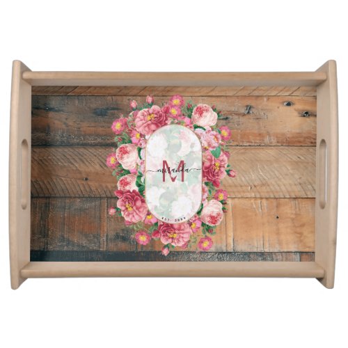 Chic Botanical Vintage Wreath Monogram Wood  Serving Tray