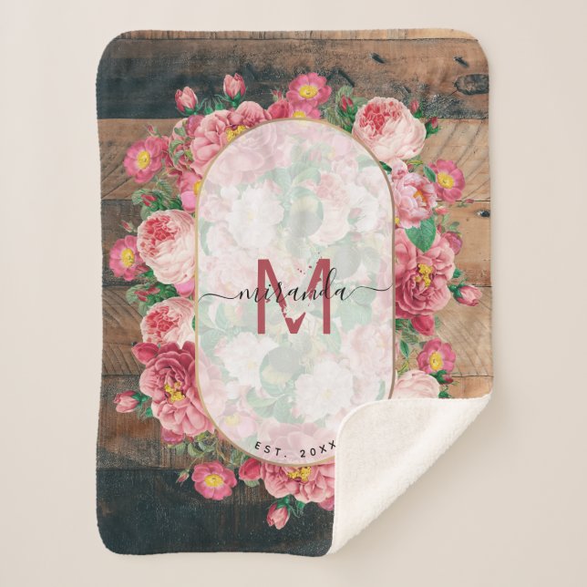 Chic Botanical Vintage Wreath Monogram Wood Sherpa Blanket (Front)