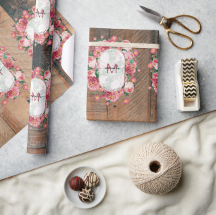 Chic Botanical Vintage Wreath Monogram Wood Wrapping Paper