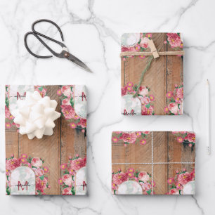 Chic Botanical Vintage Wreath Monogram Wood Wrapping Paper Sheets