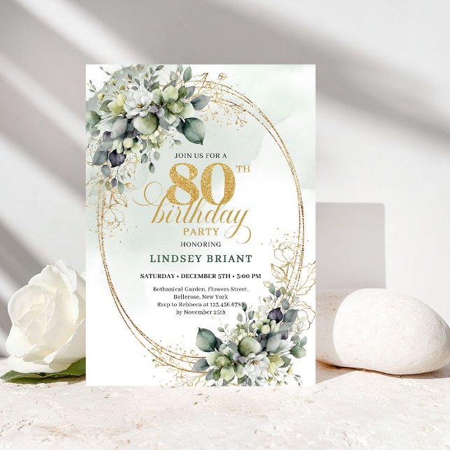 Chic Botanical White Roses 80th Birthday Invite (Chic Botanical White Roses 80th Birthday Invite)