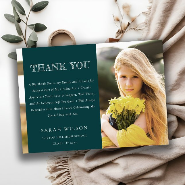 Chic Bottle Green Minimal Clean Photo Graduation Thank You Card (Creator Uploaded)