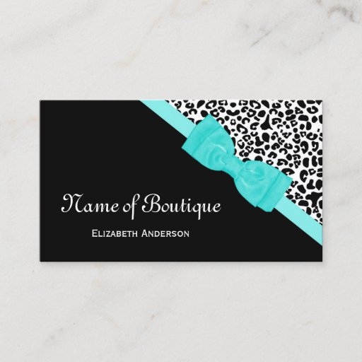 Customizable Chic Boutique Black and White Leopard Aqua Ribbon Business Card