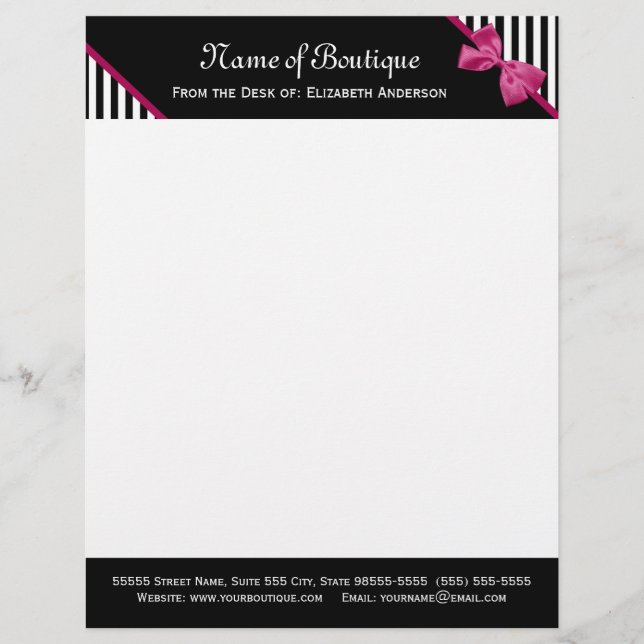 Chic Boutique Black and White Stripes Pink Ribbon Letterhead (Front)